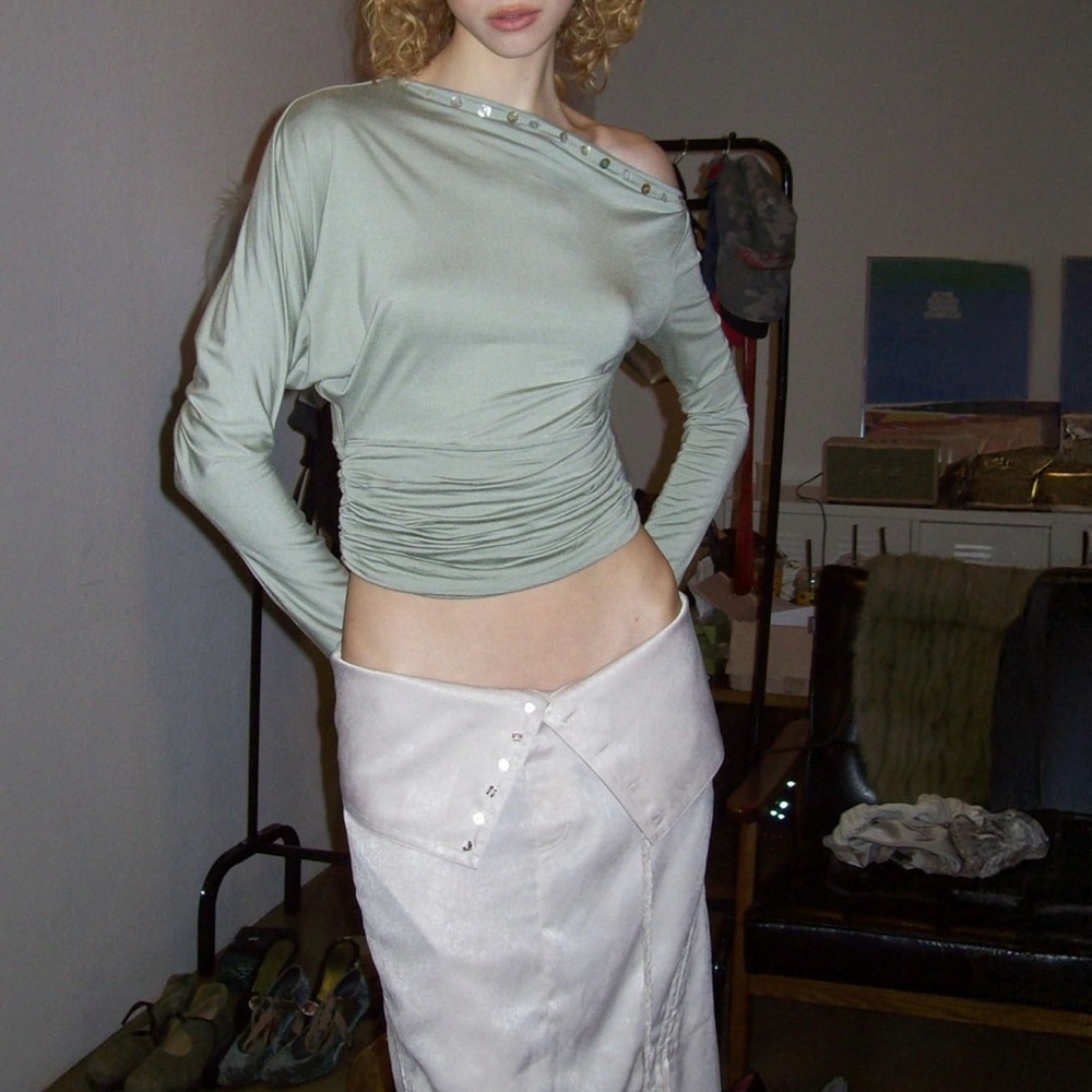 Sculptor Worldwide Shell Button Sleeve Top Sage